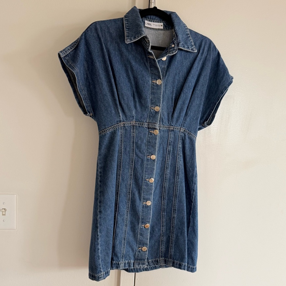 Zara Mid Wash Denim Button Down Dress